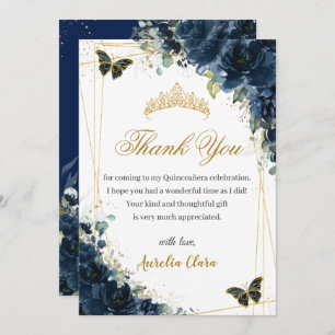 Quinceañera Navy Blue Floral Gold Schmetterlinge Dankeskarte