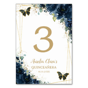 Quinceañera Navy Blue Floral Gold Schmetterlinge Tischnummer