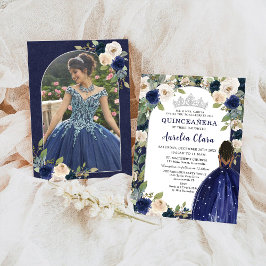 Quinceañera Navy Blue Floral Princess Birthday Einladung