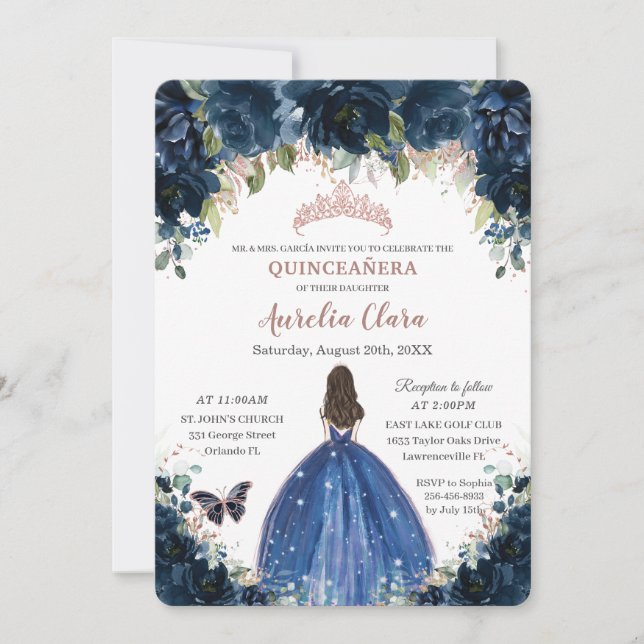Quinceañera Navy Blue Floral Princess Rose Gold Einladung (Vorderseite)