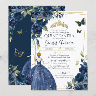 Quinceañera Navy Blue Floral Schmetterlinge und Kl Einladung