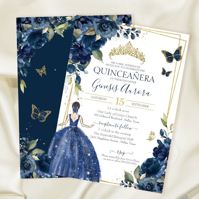 Quinceañera Navy Blue Floral Schmetterlinge und Kl Einladung (Von Creator hochgeladen)