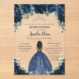 Quinceanera Navy Blue Floral Silver Brown Princess Acryleinladungen