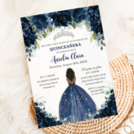 Quinceañera Navy Blue Floral Silver Brown Princess Einladung