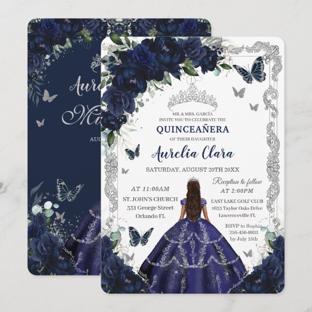 Quinceañera Navy Blue Floral Silver Princess  Einladung (Vorne/Hinten)