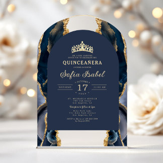 Quinceañera Navy Blue Gold Agate Elegant Acryleinladungen