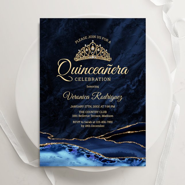 Quinceanera Navy Blue Gold Agate Marmor Einladung (Von Creator hochgeladen)