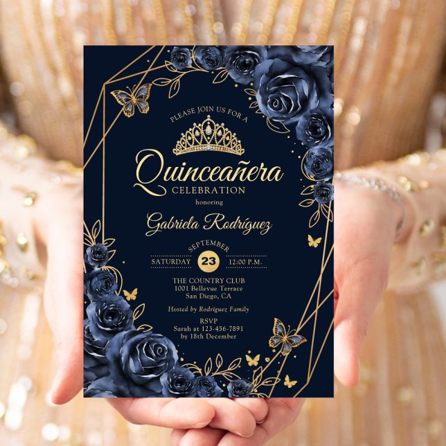 Quinceanera Navy Blue Gold Floral Butterfly Einladung (Von Creator hochgeladen)