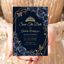 Quinceanera Navy Blue Gold Floral Butterfly Save The Date