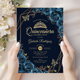 Quinceanera Navy Blue Gold Floral Einladung