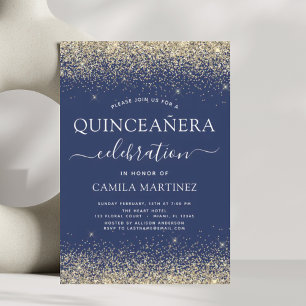 Quinceanera Navy Blue Gold Moderner Glitzer Sparko Einladung