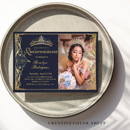Quinceanera Navy Blue Gold Quinceanera mit Foto Einladung