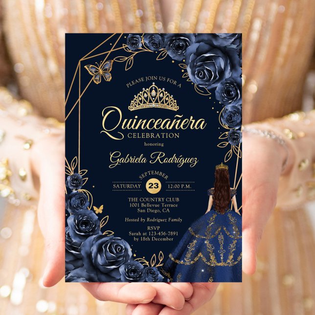 Quinceanera Navy Blue Gold Schmetterlingskleid Flo Einladung (Von Creator hochgeladen)