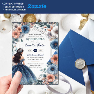 Quinceañera Navy Blue Peach Silver Dress Blume Acryleinladungen