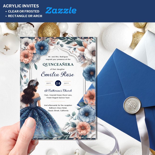 Quinceañera Navy Blue Peach Silver Dress Blume Acryleinladungen (Von Creator hochgeladen)