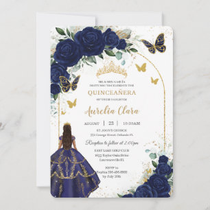 Quinceañera Navy Blue Rose Blumenprinzessin Gold Einladung