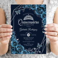 Quinceanera Navy Blue Silver Floral