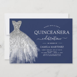 Quinceanera Navy Blue Silver Glitzer Sparkle Einladung