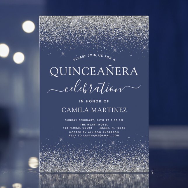 Quinceanera Navy Blue Silver Moderner Glitzer Einladung (Von Creator hochgeladen)