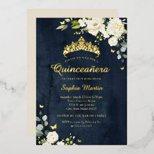 Quinceanera Navy Champagner Floral Gold Folieneinladung