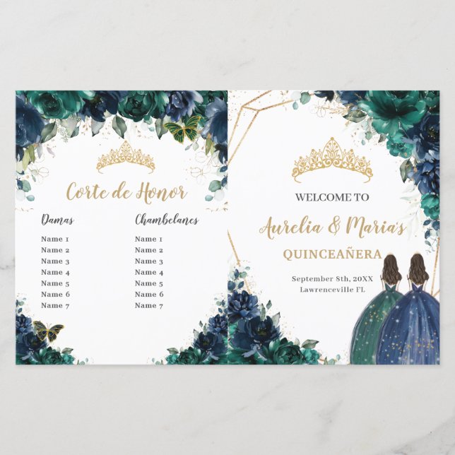 Quinceañera Navy Emerald Floral Budget Program (Vorderseite)