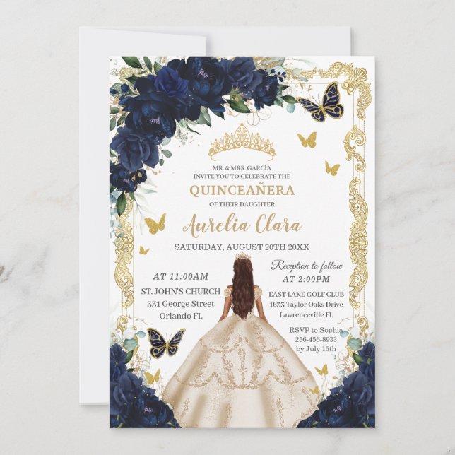 Quinceañera Navy Floral Champagne Gold Prinzessin Einladung (Vorderseite)