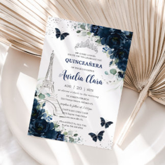 Quinceañera Navy Floral Paris Eiffel Butterfliegen Einladung