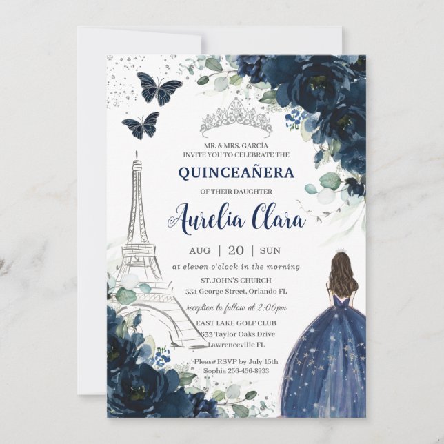 Quinceañera Navy Floral Paris Eiffel Princess Gown Einladung (Vorderseite)