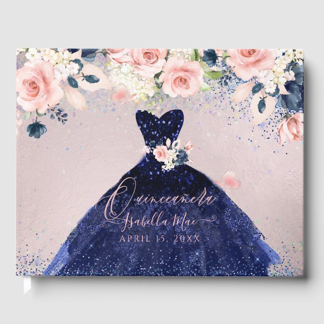 Quinceanera Navy Glitzer Rose Gästebuch (Vorderseite)