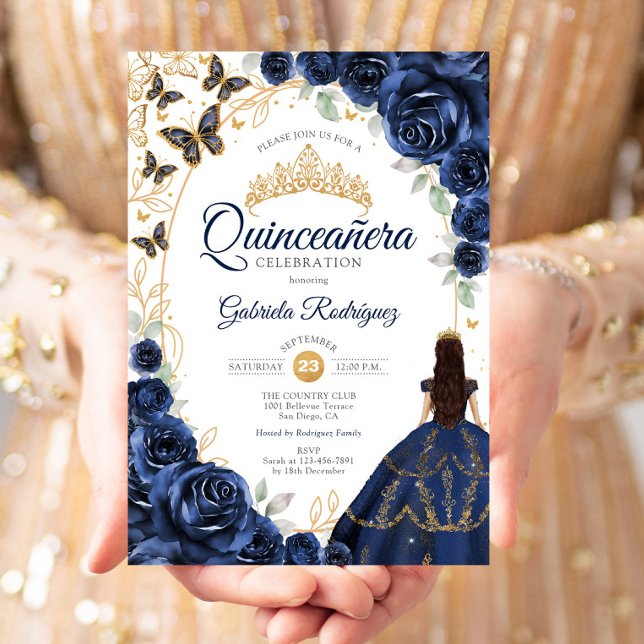 Quinceanera Navy Gold Blumen Einladung (Von Creator hochgeladen)
