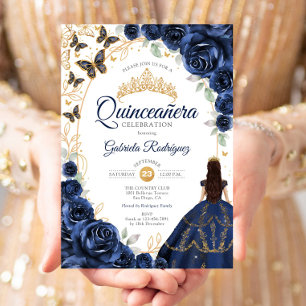 Quinceanera Navy Gold Blumenmuster Einladung