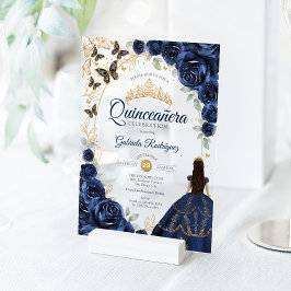 Quinceanera Navy Gold Floral Acryleinladungen