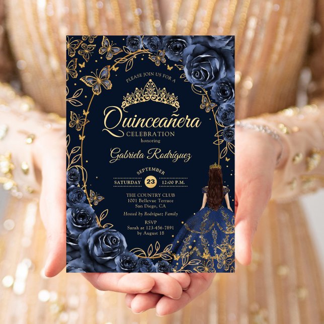 Quinceanera Navy Gold Schmetterlinge Rose Einladung (Von Creator hochgeladen)