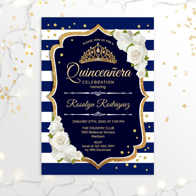 Quinceanera - Navy Gold White Einladung (Von Creator hochgeladen)