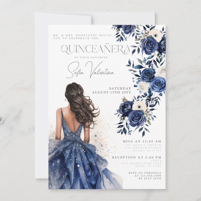 Quinceañera Navy Royal Blue Floral Gourmets Prinze Einladung (Vorderseite)