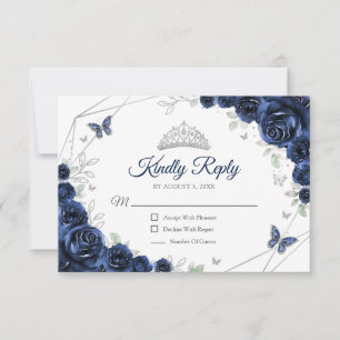 Quinceanera-Navy-Silber-Blumen-Antwort RSVP Karte