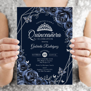 Quinceanera Navy Silber Blumen Einladung