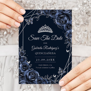 Quinceanera Navy Silber Blumen Save The Date
