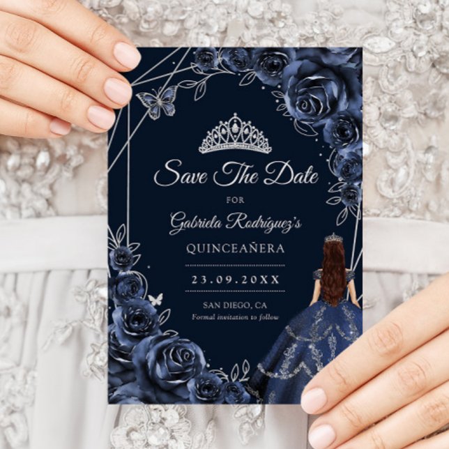 Quinceanera Navy Silver Butterflies Roses Save The Date (Von Creator hochgeladen)