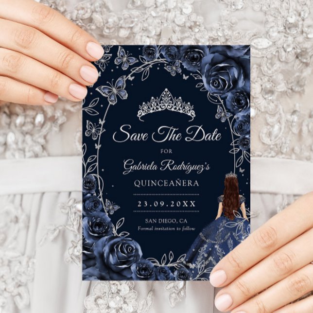 Quinceanera Navy Silver Butterflies Roses Save The Date (Von Creator hochgeladen)