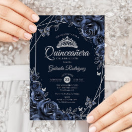Quinceanera Navy Silver Floral Einladung