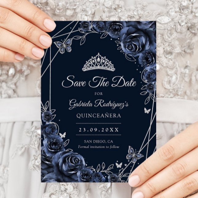 Quinceanera Navy Silver Floral Save The Date (Von Creator hochgeladen)