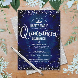 Quinceañera Navy Silver Glitzer Princess Crown Einladung