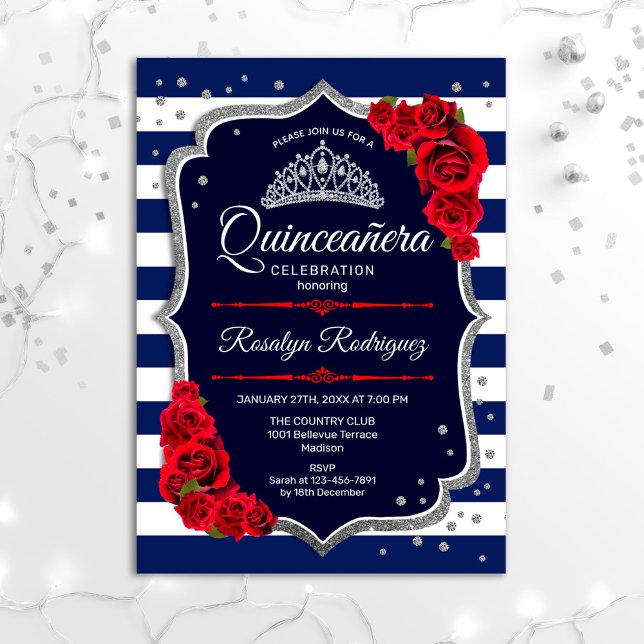 Quinceanera - Navy Silver Red Einladung (Von Creator hochgeladen)