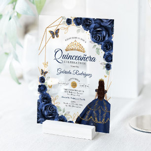 Quinceanera Navyblauer Blumenkleid Gold Acryleinladungen