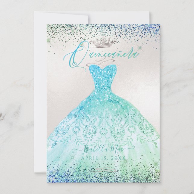 Quinceanera Ombre Aqua Green Glitzer Gown Einladung (Vorderseite)