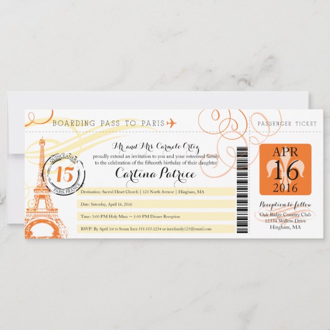 Quinceanera Orange & Yellow Paris Boarding Pass Einladung (Vorderseite)