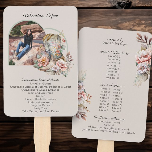 Quinceanera Orden der Ereignisse Boho Blumenstiefe Fächer (Order of Events program fans from my Boho Floral Cowgirl Boots Quinceanera Collection
)