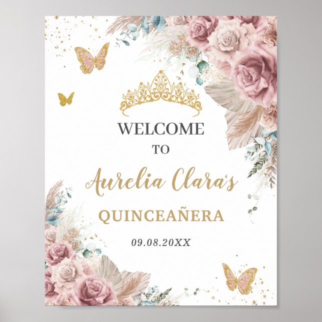 Quinceañera Pampas Grass Blush Blumenschmetterling Poster (Vorne)