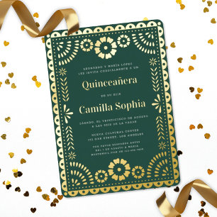 Quinceañera Papel Picado Dark Green Gold Folieneinladung
